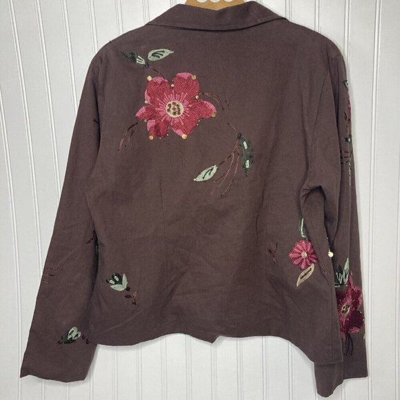 Passports Womens Large Floral Embroidered Beaded Brown Cotton Lined Jacket - Picture 6 of 11